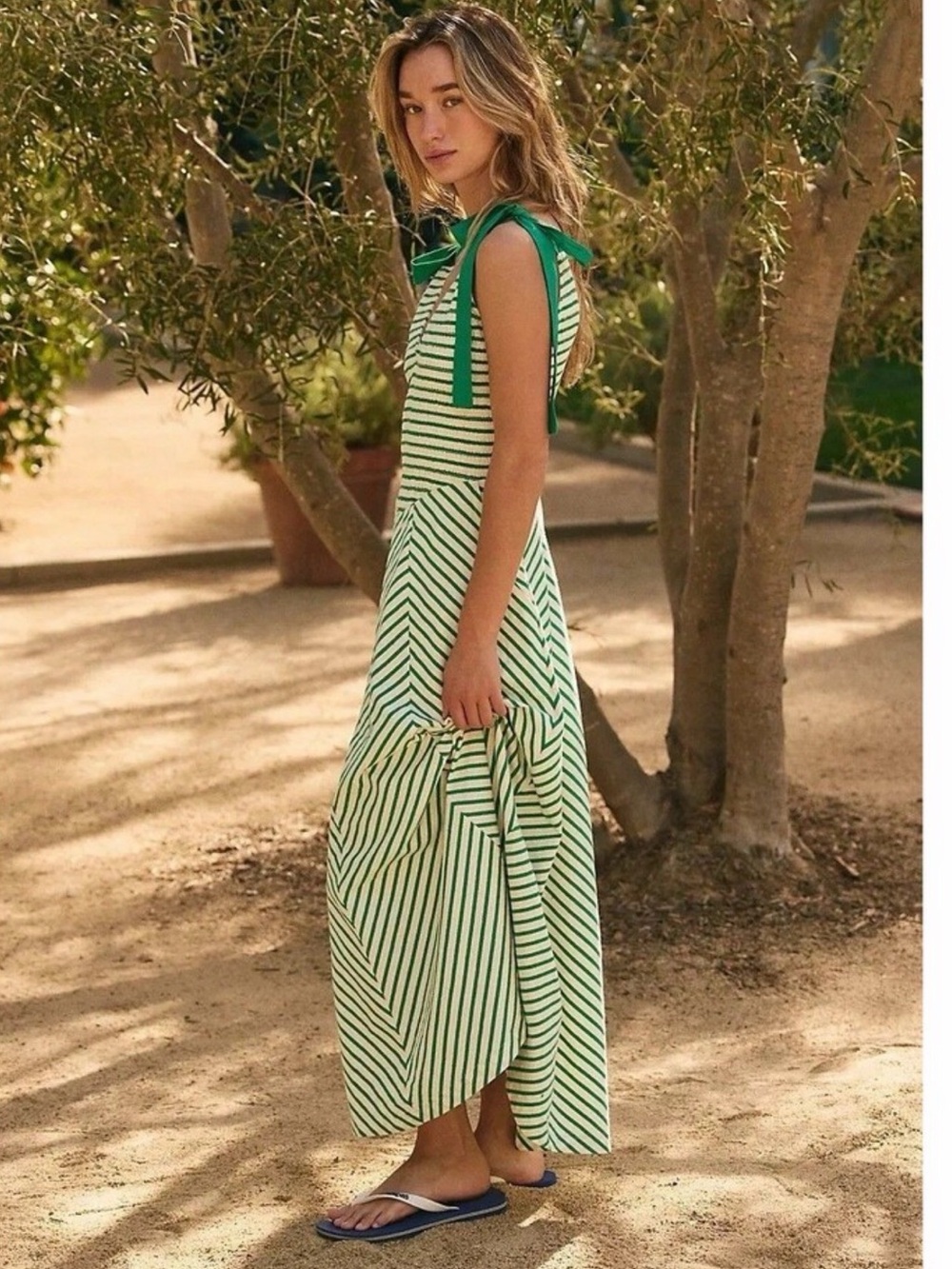 Free people Cecilia Green Striped Tie-Shoulder Maxi Dress